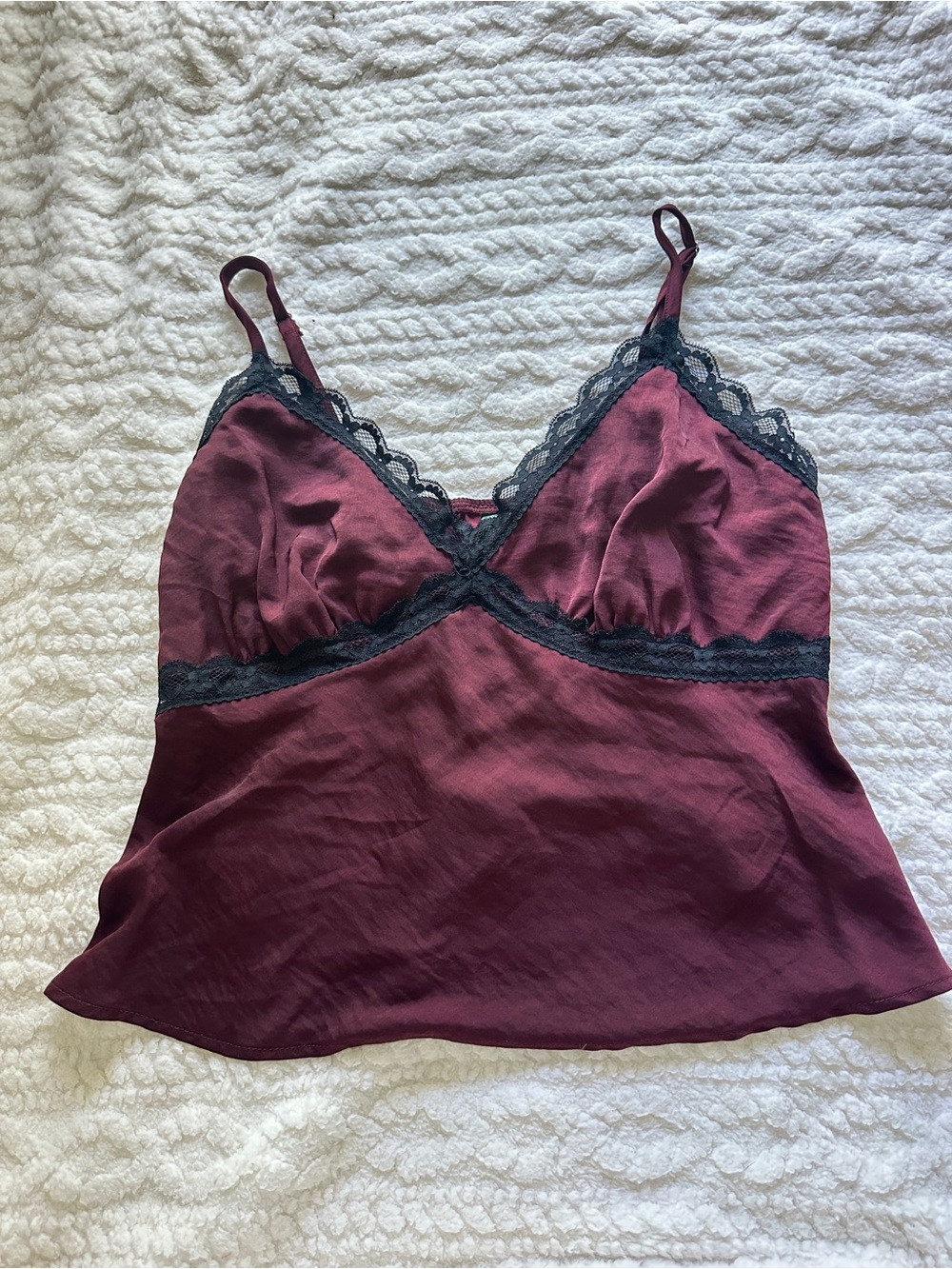 Lace Trim Satin Cami Tank in Wine
